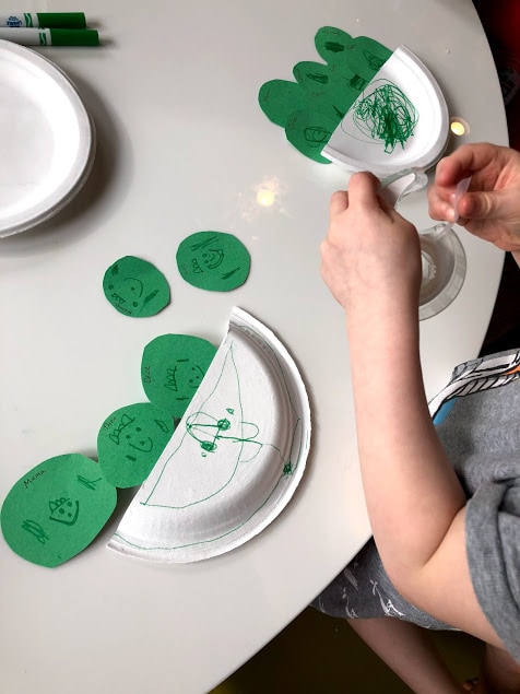 Child taping paper peas onto paper plate for peas in a pod craft