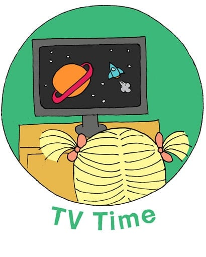 illustration called "TV Time" of child with pigtails watching a screen with planets and stars on it