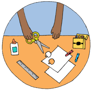 circle with blue background, table with art supplies and little hands holding scissors and cutting paper