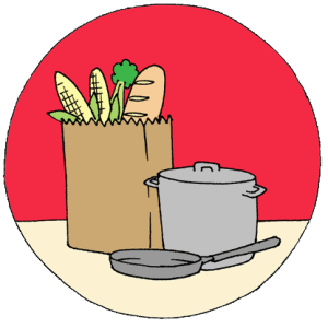 circle with red background of a grocery bag, tall pot and pan on a manila colored table
