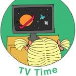 illustration called "TV Time" of child with pigtails watching a TV show about planets and stars
