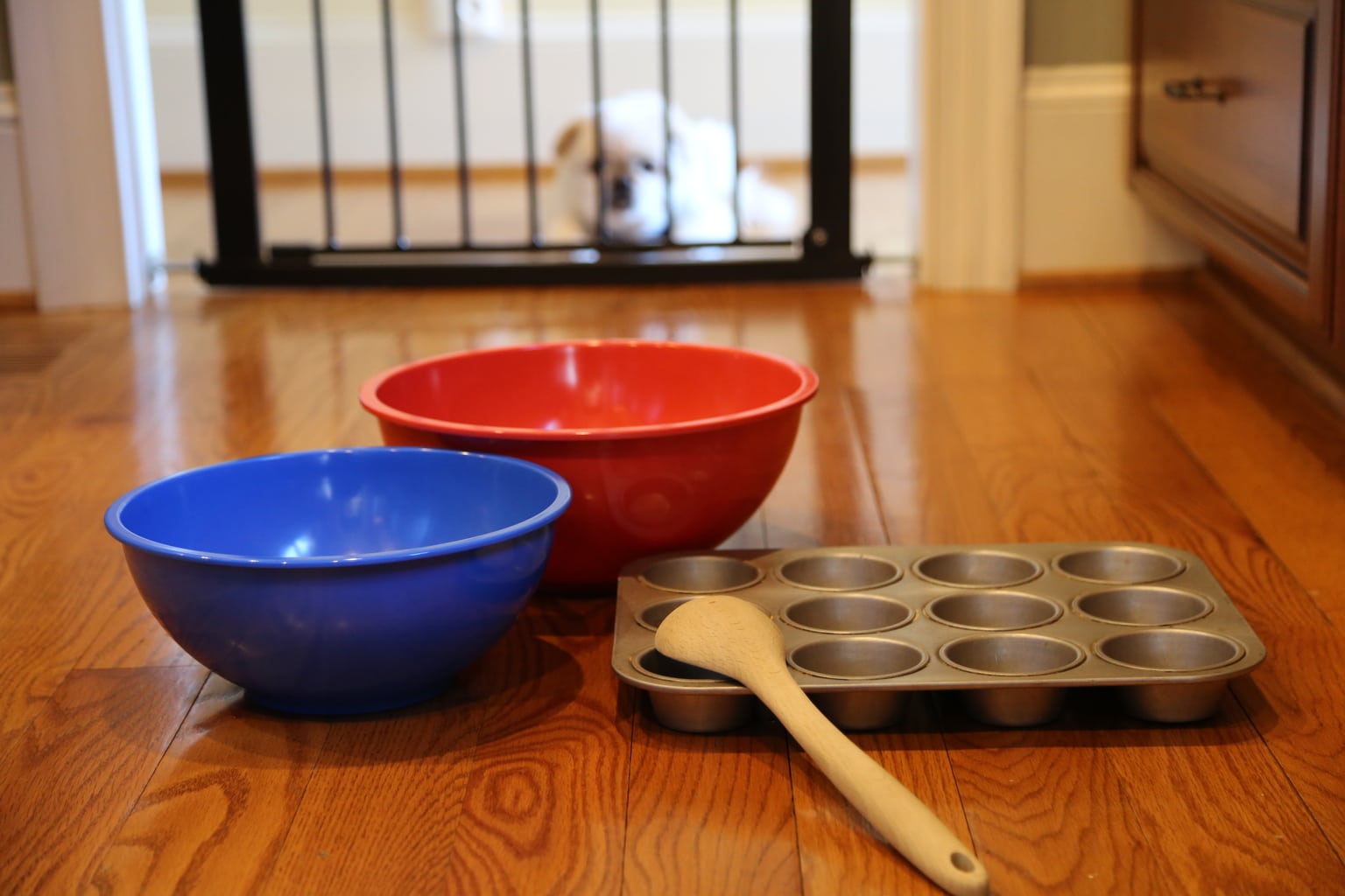 Baking utensils on kitchen floor