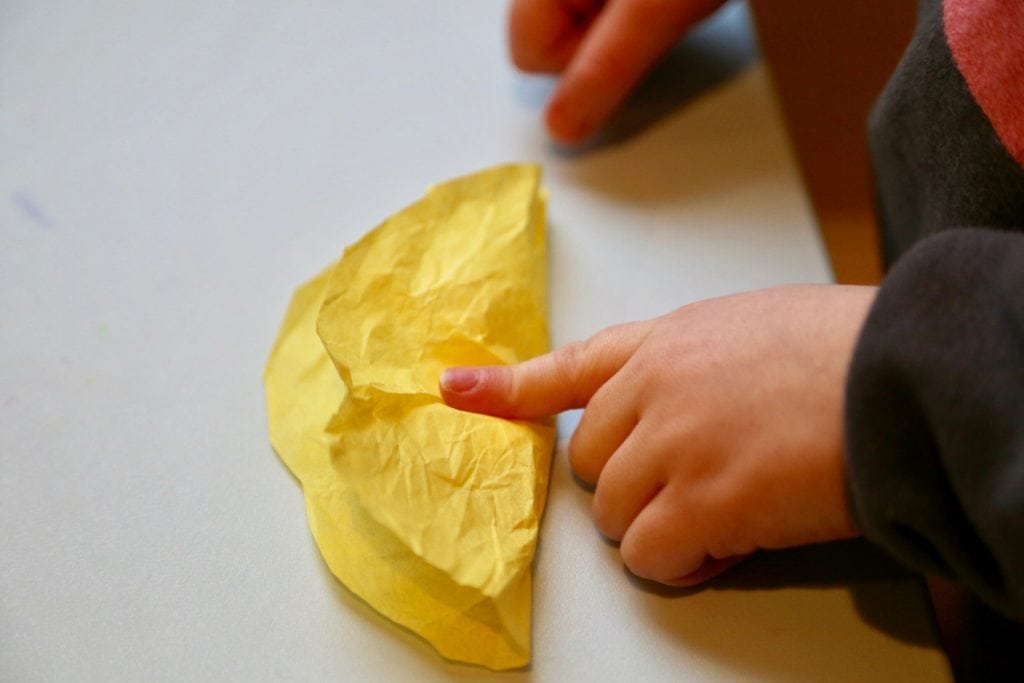 Child folding yellow circle over cotton ball