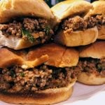 Plate of 6 Sloppy Joe sandwiches, stacked on top of each other