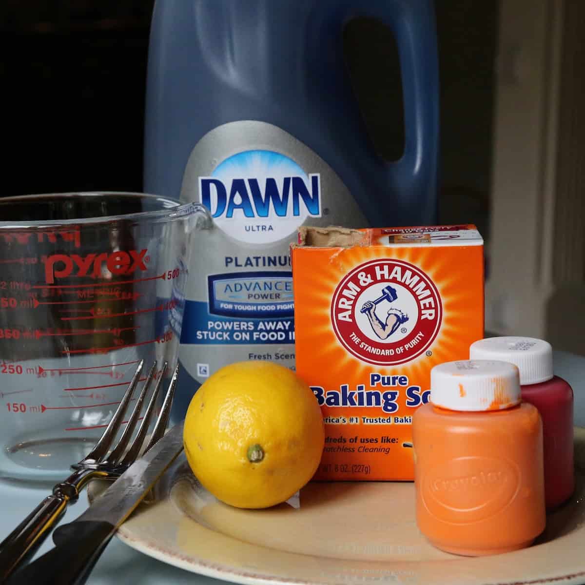 Materials needed to make a lemon volcano experiment. 
