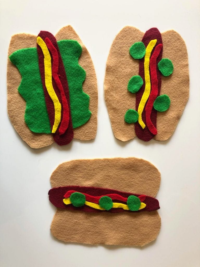 three Felt Hot Dogs