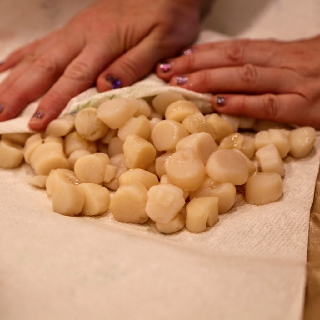 hands patting scallops dry with paper towel