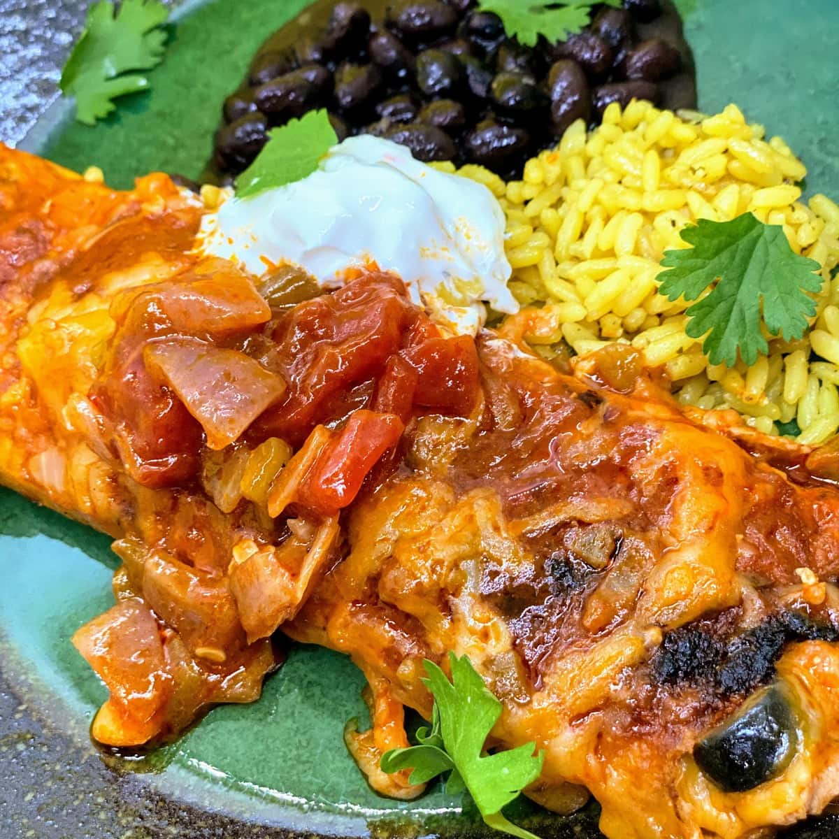 plated chicken enchilada with sour cream, cilantro, beans and rice
