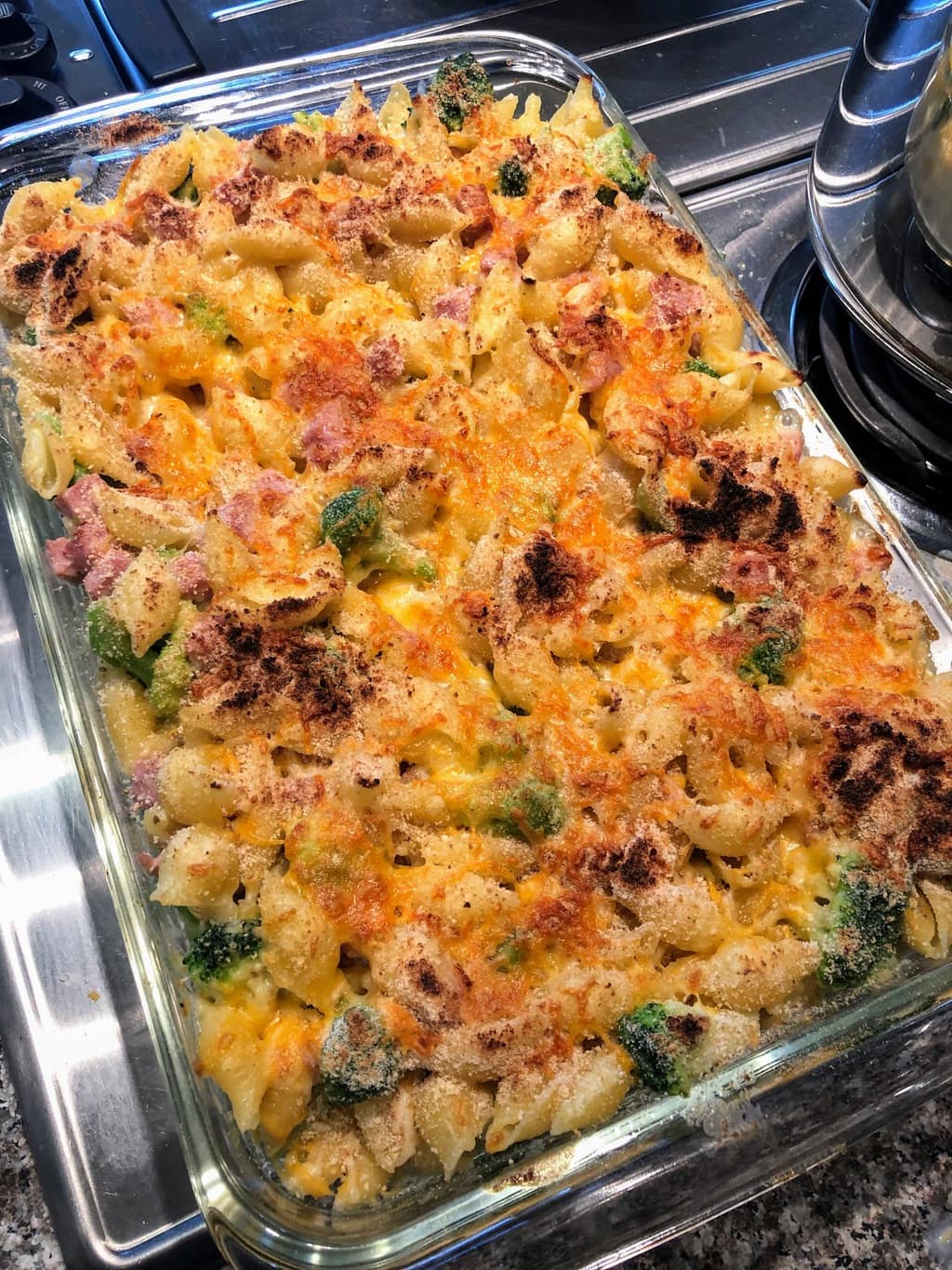 Mac and Cheese Shell Casserole with Ham and Broccoli in casserole dish