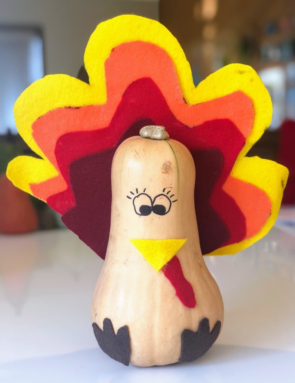 squash decorated as a turkey with drawn-on eyes and fall colored felt tail, beak and feet