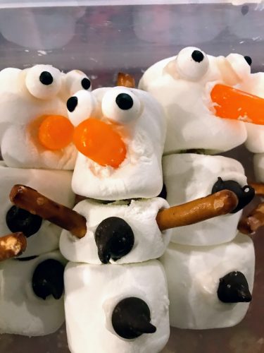 three marshmallow snowmen
