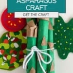 Green and brown paper transformed into a bunch of paper asparagus tied in a white string.