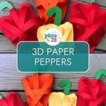 Collage of 3d paper peppers made from colorful construction paper.