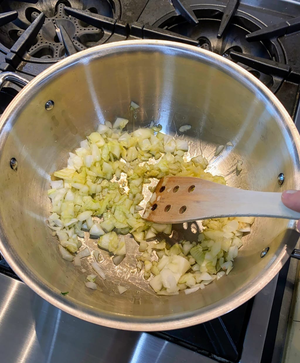 cooking onion & garlic in large pot for our pasta with chickpeas recipe