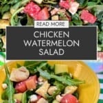 Chicken watermelon salad in a yellow bowl.
