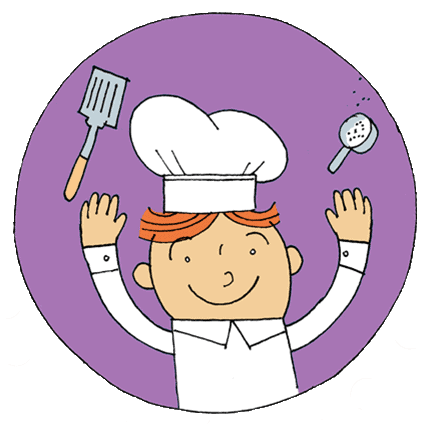cartoon chef tossing spatula and measuring cup into air