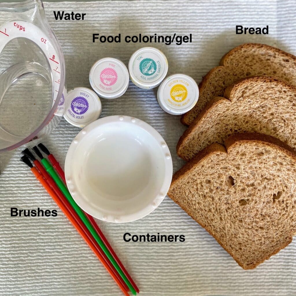 water, food coloring, bread, containers and brushes