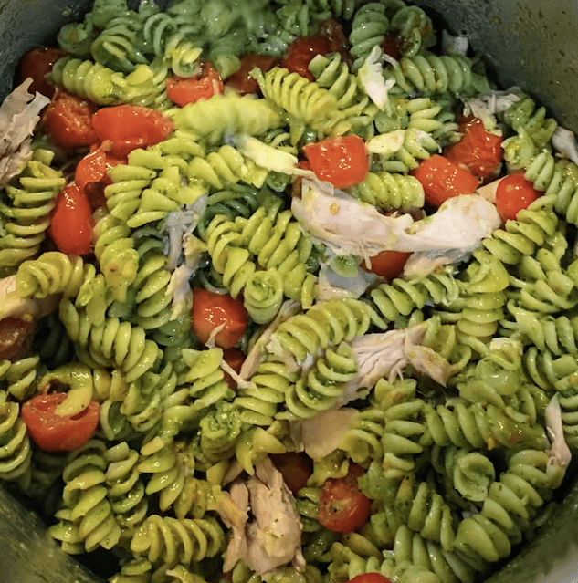 Chicken Pesto Pasta with Roasted Tomatoes in Pot