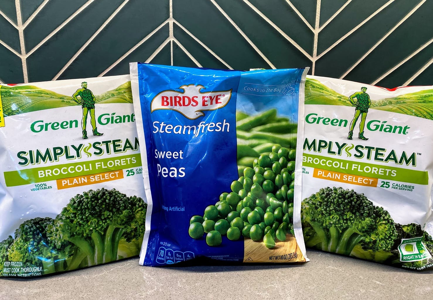2 bags of steamable broccoli and 1 bag of steamable peas