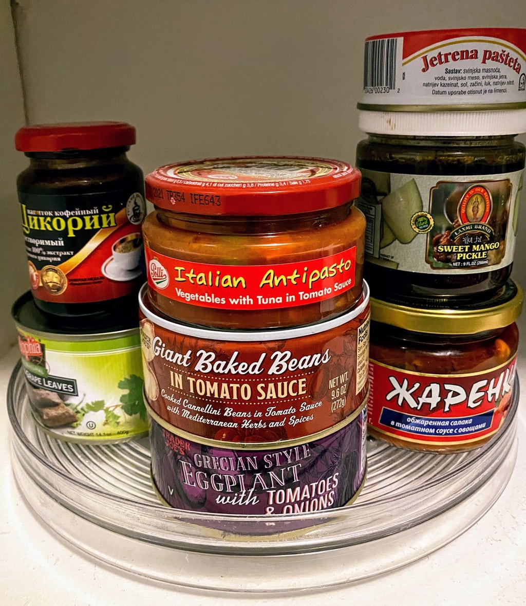 Lazy Susan filled with specialty and international canned goods