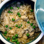 bowl of chicken and rice and peas