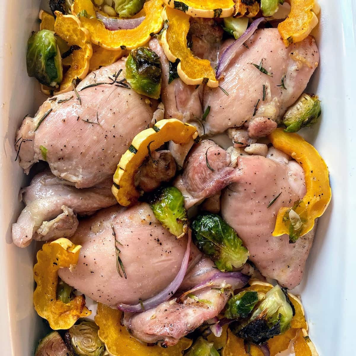 chicken, squash and brussels sprouts dish