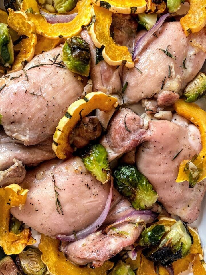 chicken, squash and brussels sprouts white dish
