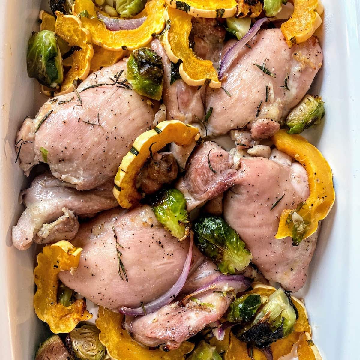chicken, squash and brussels sprouts white dish