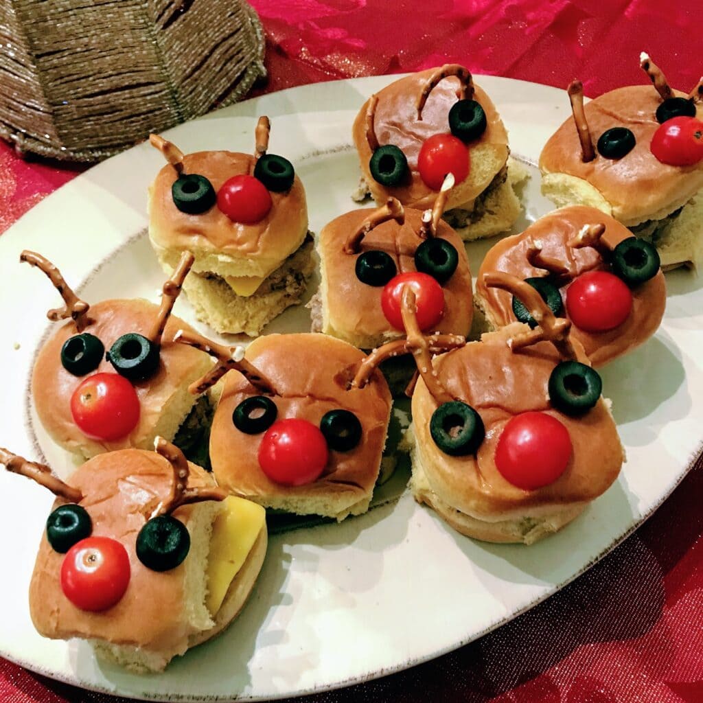 reindeer Christmas burgers on a white plate