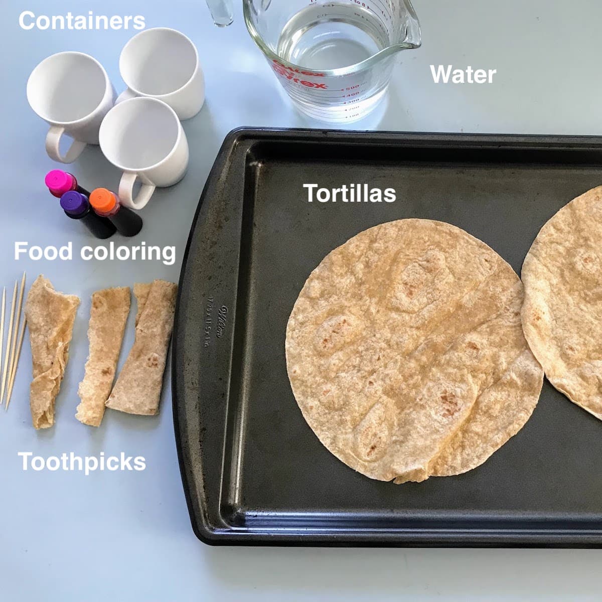 supplies for coloring tortillas