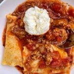 closeup of lasagna soup in bowl