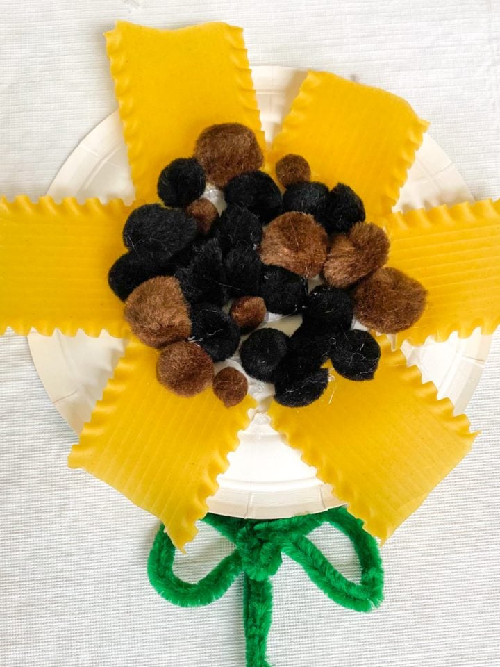 paper plate sunflower made from lasagna noodles and pompoms