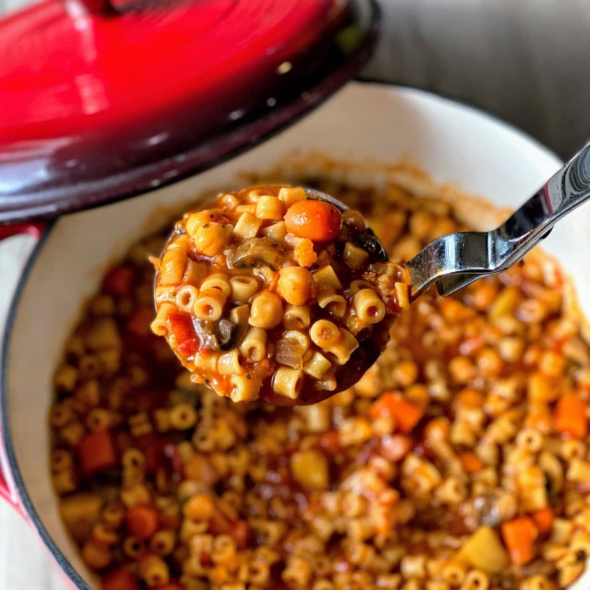 chickpea and pasta stew in pot