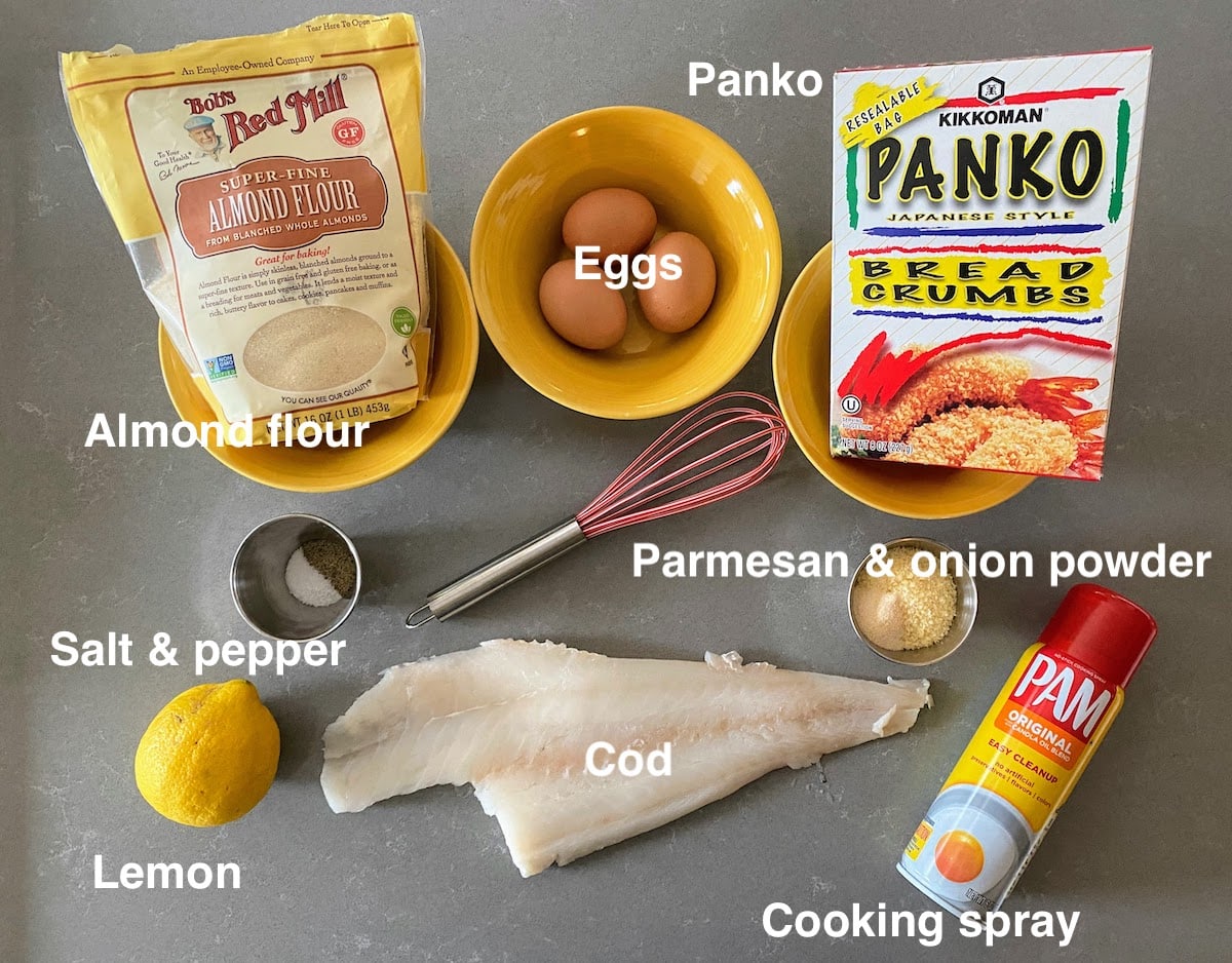 all ingredients to make baked cod with panko and parmesan breadcrumbs