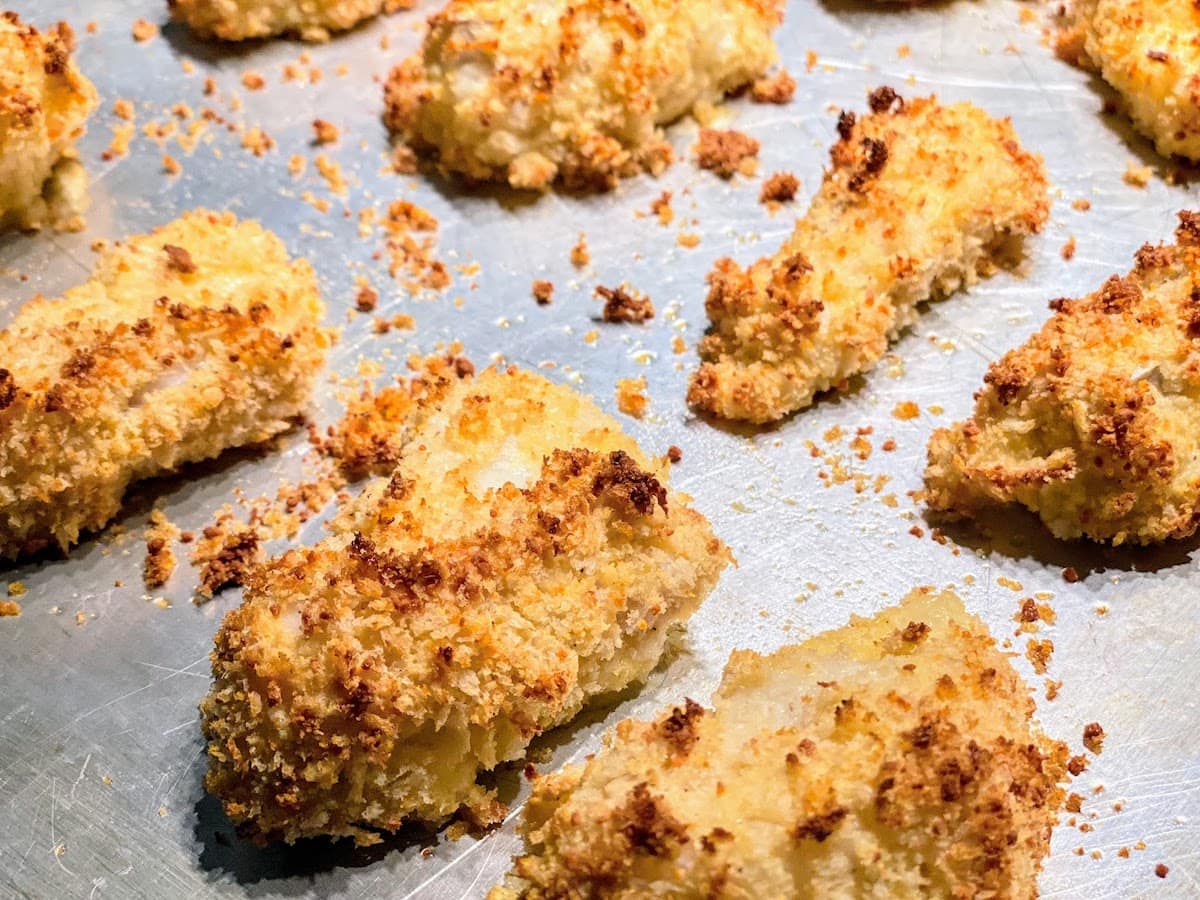 straight from oven baked cod with panko closeup