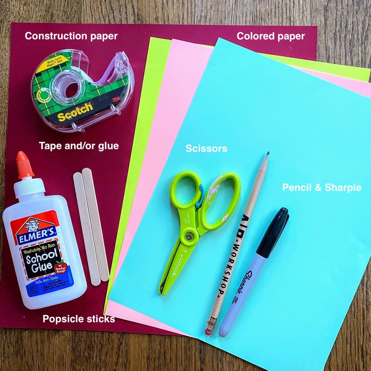 supplies for paper fish puppet craft