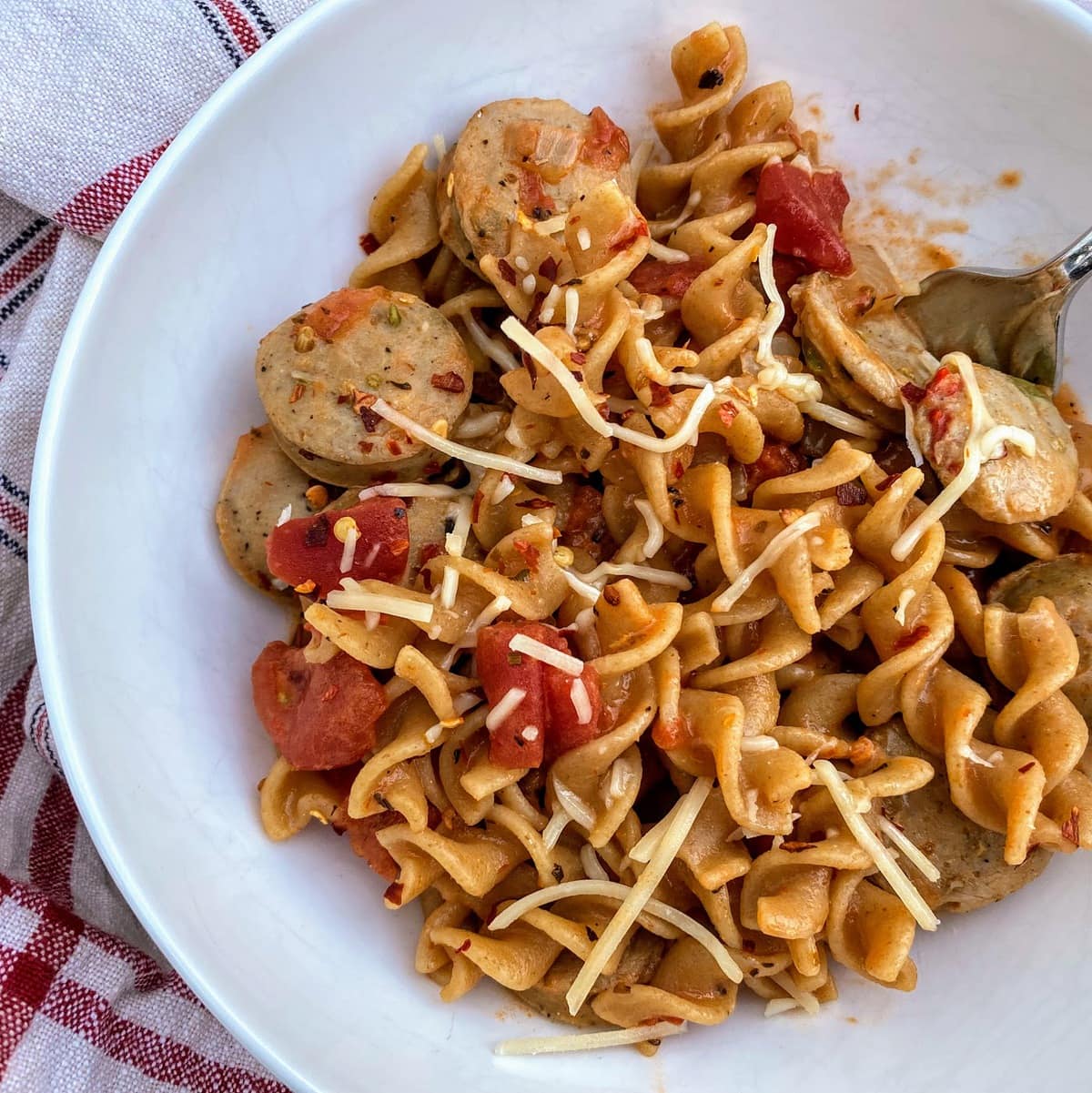 healthy pasta in white bowl