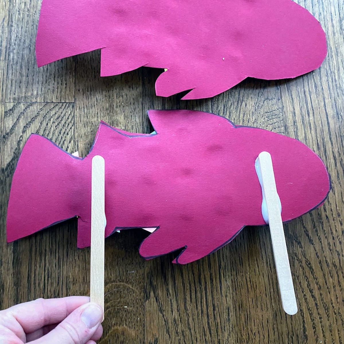 gluing popsicle sticks to back of paper fish 