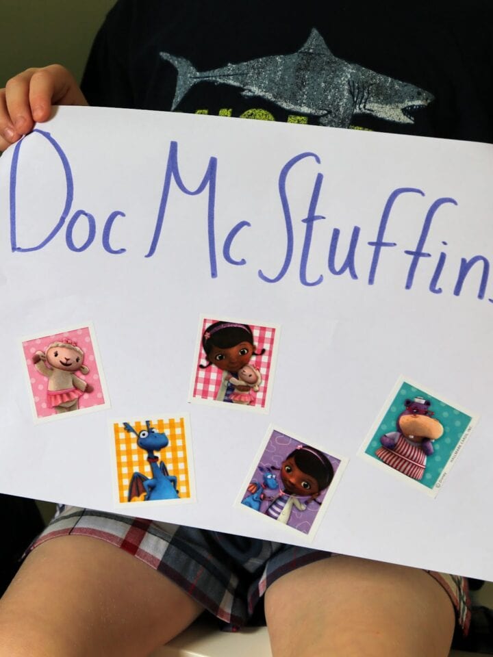 sign that says Doc Mcstuffin with stickers
