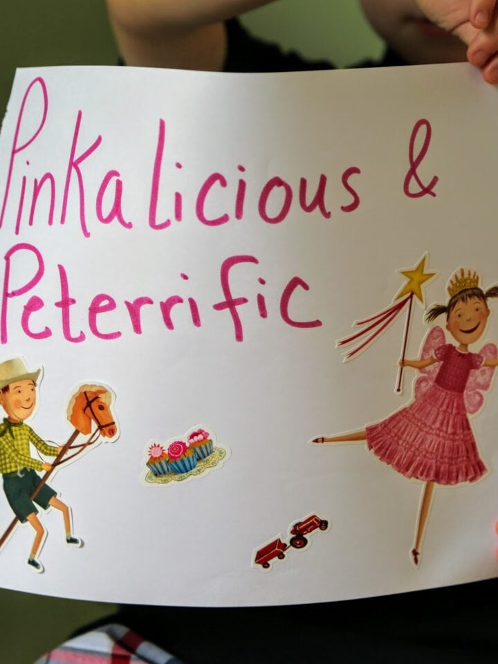 Pinkalicious sign with stickers of characters