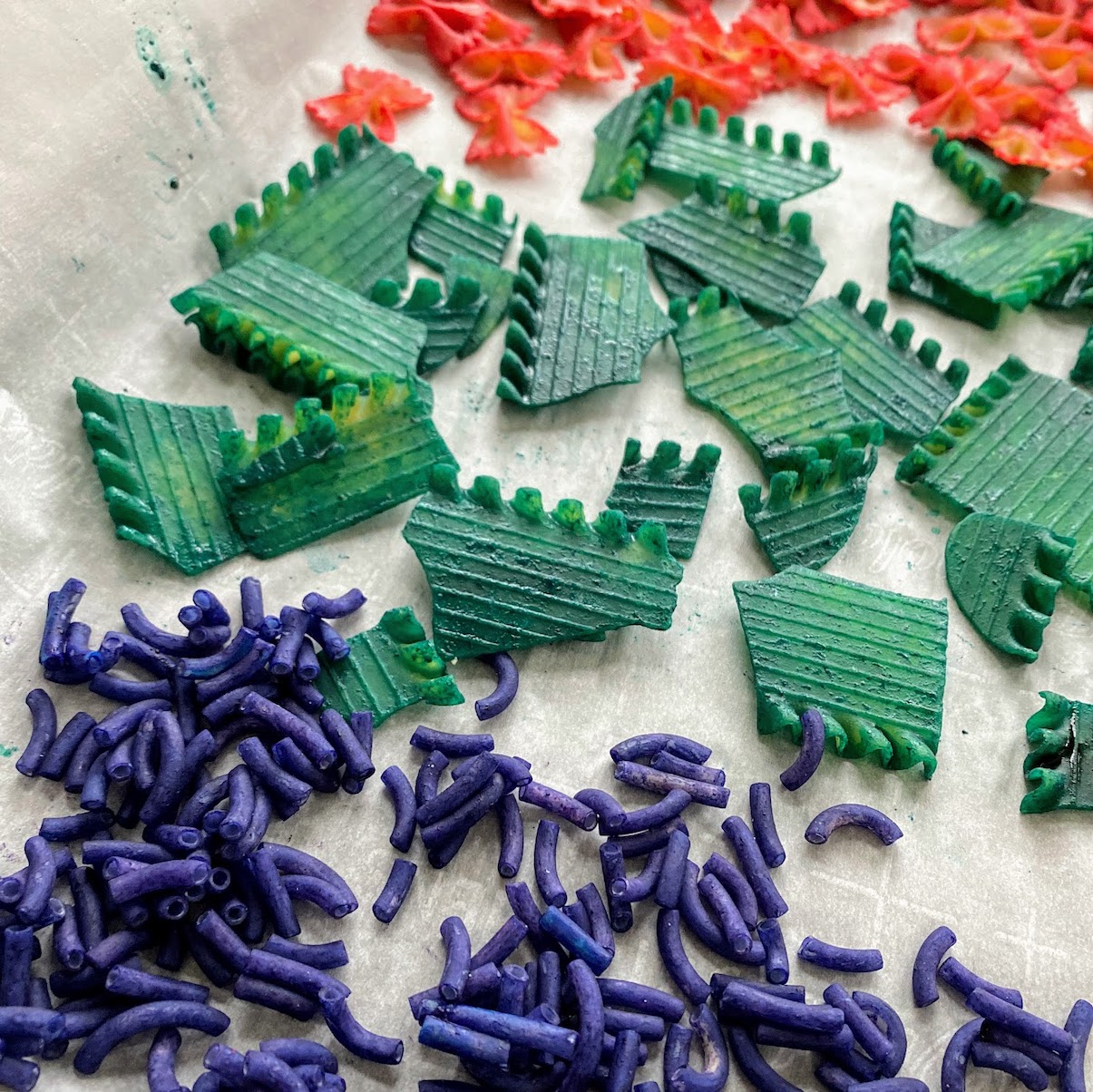 blue, green and red dyed pasta