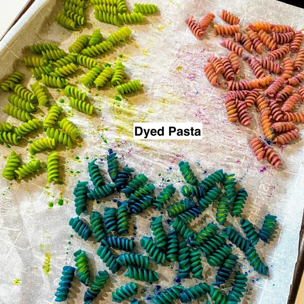 pasta dyed green, blue and pink