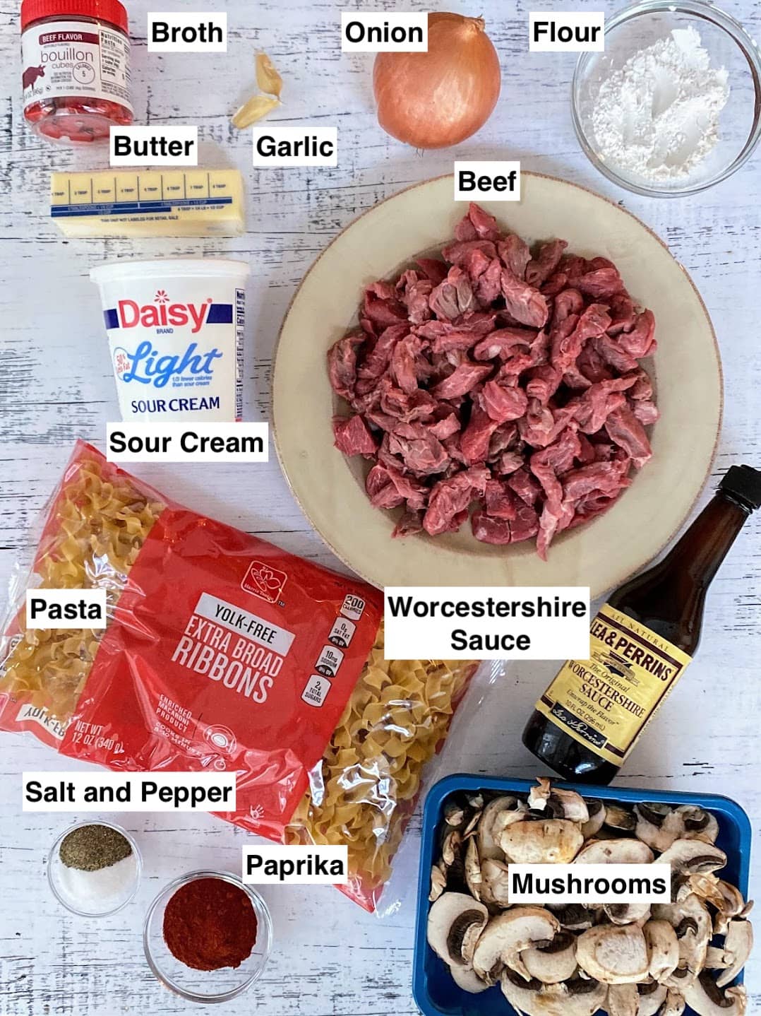 ingredients for beef and mushroom dish