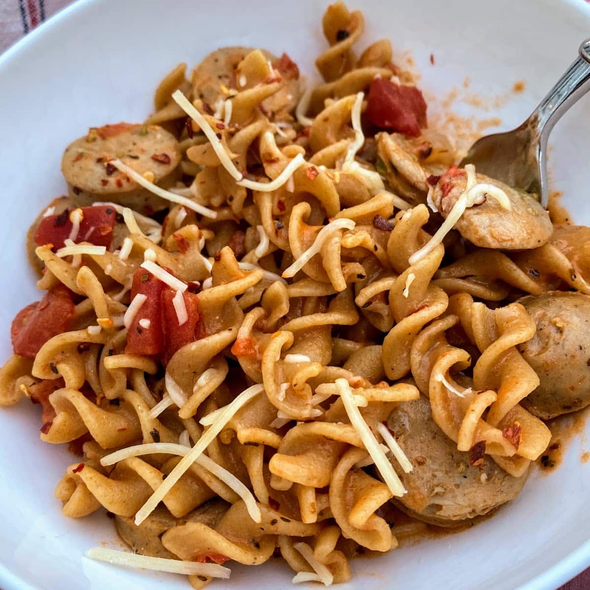 close up of Italian chicken sausage pasta