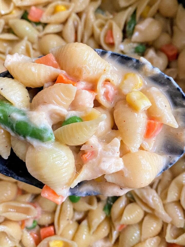 creamy vegetable pasta in spoon