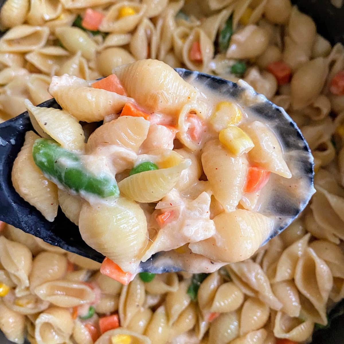 pasta with veggies and cheese sauce in spoon
