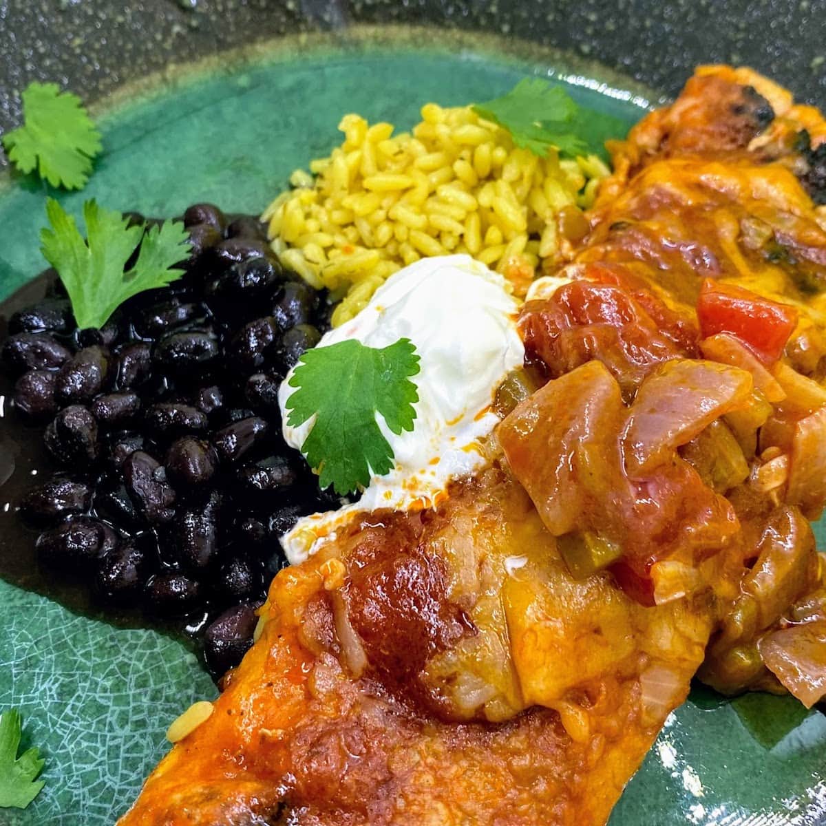 chicken enchiladas with rice and beans and sour cream 