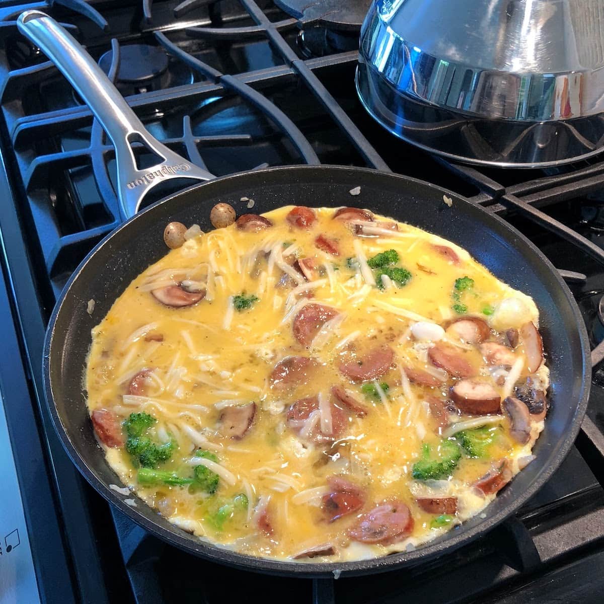 uncooked frittata in pan