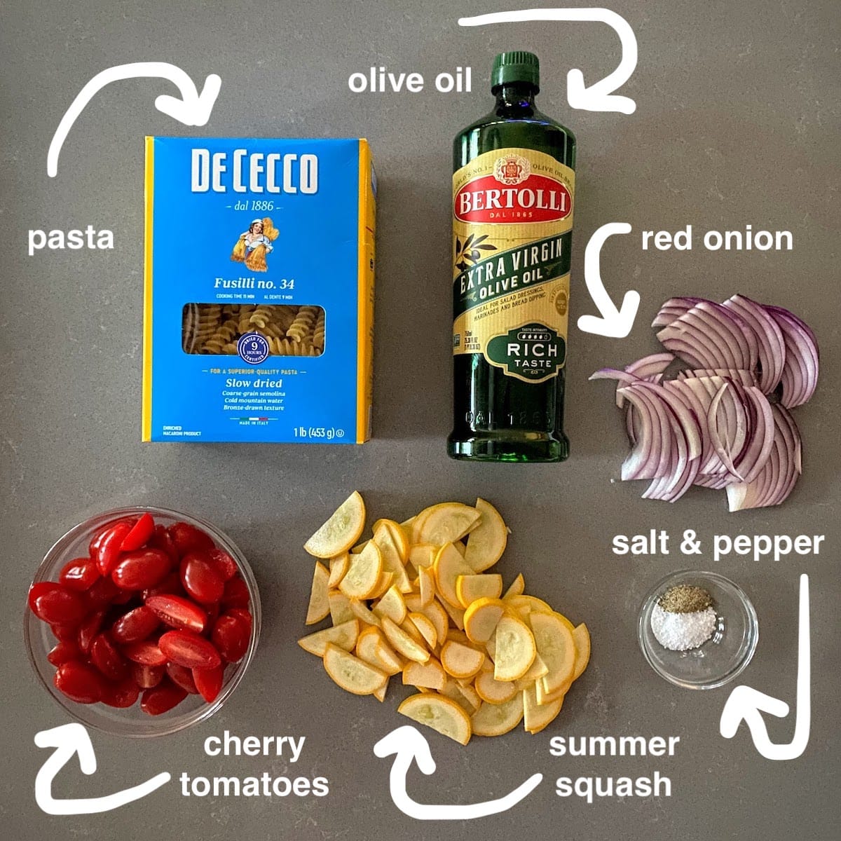 ingredients for pesto pasta with veggies