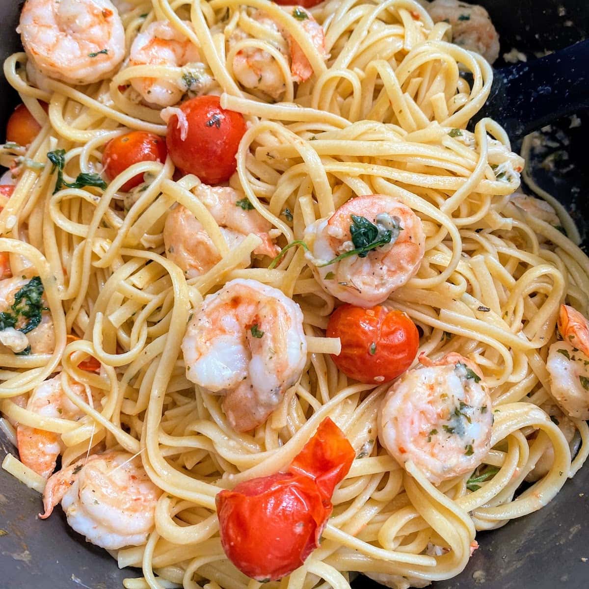 Garlic Butter Shrimp Pasta with Tomatoes in pot